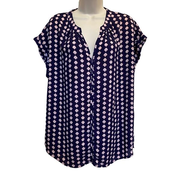 Pleione Pullover Split Neck Blouse Blue Pink Sz L - Picture 1 of 8